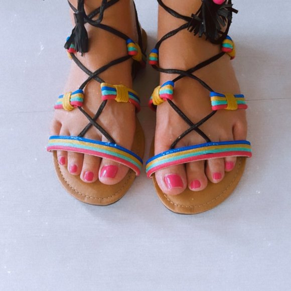 "BIG SALE" Boho Flat Sandals Open Toe Leg Wrap Lace-Up - Picture 8 of 10